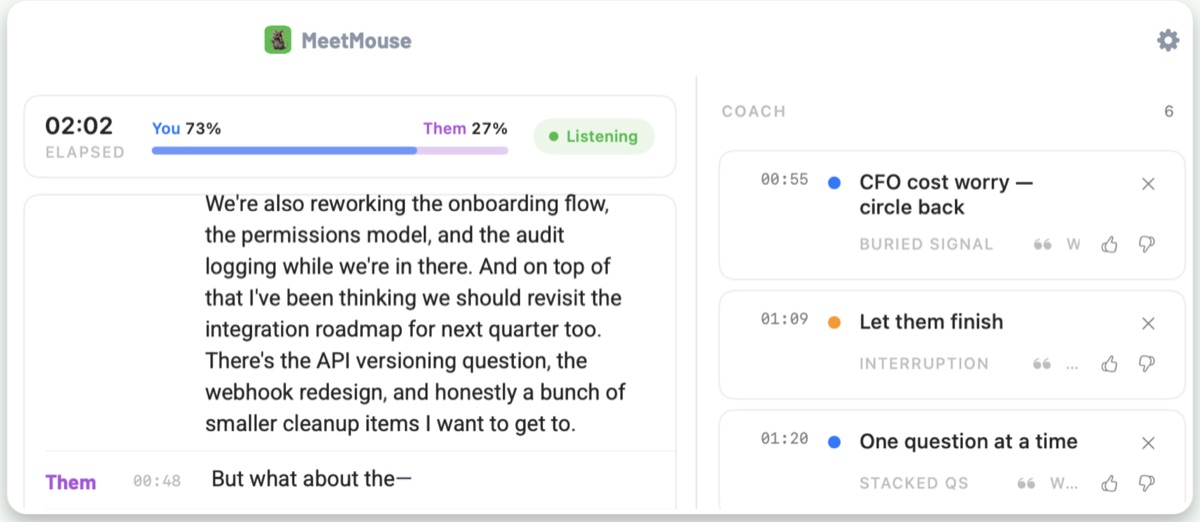 MeetMouse during a call: live transcript, talk balance and coaching cues